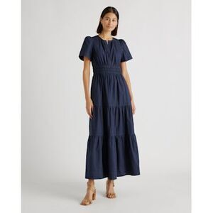 Quince Women 100% Organic Cotton Poplin Tiered Maxi Dress Navy Basic Sleeved S